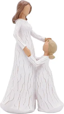 Image de Figurine Unyqoos® représentant une mère et sa fille – sculpture en résine, sculptée et peinte à la main (6,3 pouces), robe de couleur crème, revêtement résistant aux UV, imperméable, livrée avec une boîte cadeau