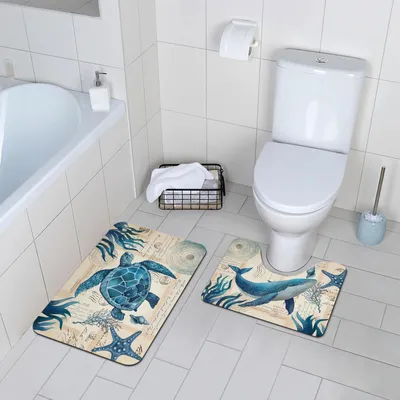 Produktbild von 2-teiliges Badematten-Set mit Ozean- und Unterwasserwelt-Design, saugfähig, rutschfest, schnelltrocknend, weich und waschbar, 40 x 60 cm + 40 x 50 cm
