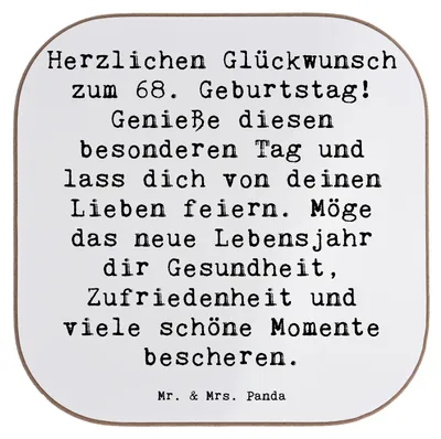 Produktbild von Mr. & Mrs. Panda Holzuntersetzer Spruch 68. Geburtstag Freude - Weiß - Geschenk, Untersetzer Quadratisch, Personalisierte Geschenke, gläseruntersetzer, Happy Birthday