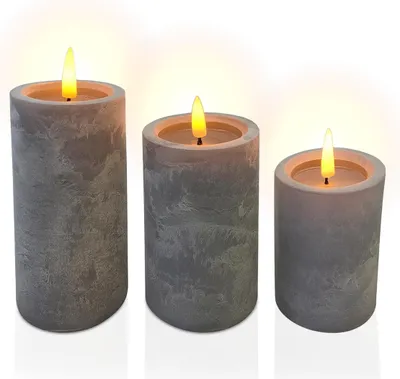 Produktbild von Relaxdays LED Kerzen, 3er Set, flackernde Flamme, warmweiß, Echtwachs, Betonoptik, flammenlose Stumpenkerzen, grau