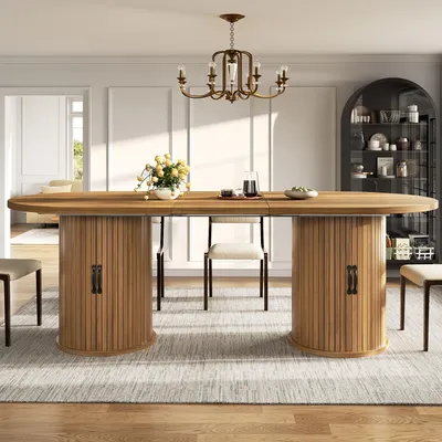 Immagine prodotto di Tavolo allungabile con maniglie in metallo, tavolo da cucina versatile con vano contenitore nascosto, dimensioni: 149,8-189,7 x 80 x 75 cm, colore marrone scuro