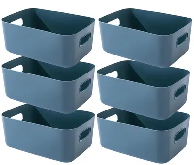 Image de Lot de 6 boîtes de rangement bleues, paniers de rangement en plastique avec poignées, 25 × 17 × 10 cm, organiseurs de salle de bain, boîtes de rangement pour placards de cuisine, paniers, boîtes de rangement en plastique
