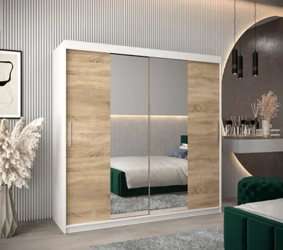 Produktbild von Schwebetürenschrank mit einer Breite von 200 cm TIMEA 1 – Weiß / Eiche Sonoma
