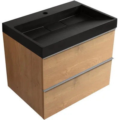 Productafbeelding van Badkamermeubel Velora - notenhoutkleur, chroomkleurige handgreep + wastafel van gietmarmer met afvoerputje Vita - mat zwart - 70x63x46,5 cm