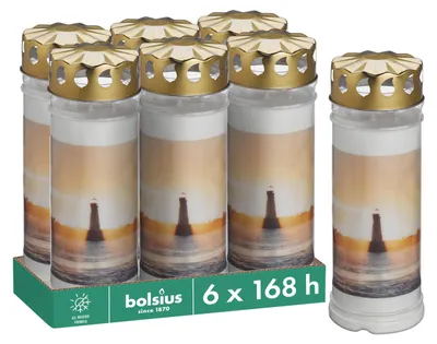 Zdjęcie produktu dla Świece nagrobne Bolsius – białe – 6 sztuk – 20 x 7,5 cm – "Leuchtturm" – czas palenia