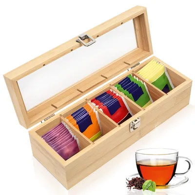 Productafbeelding van Theebox - Met 5 vakken voor het opbergen van theezakjes en kruiden - Bamboe theedoos - 30x10x9 cm