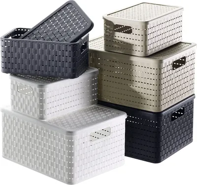 A collection of storage baskets of various sizes and colors.