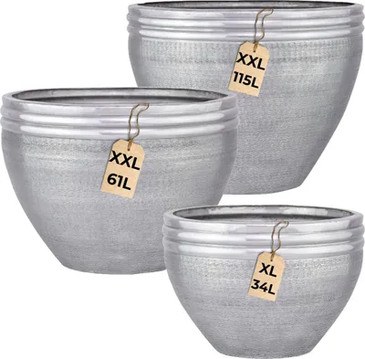 Produktbild von Marrakesch 3er Set XXL Aluminium Blumenkübel Übertopf Ø 38, 47 und 57 cm Silber Matt | Pflanzentopf Pflanzkübel groß für Outdoor Indoor | Blumentöpfe Calvino für Garten Balkon & Wohnzimmer