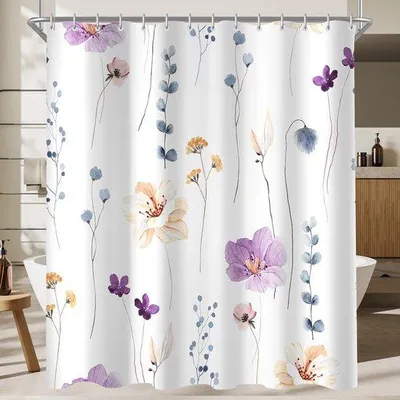 Produktbild von Ibenzoa® Duschvorhang 180 x 200 cm, 100% Polyester, lila Blumenmuster, wasserabweisend & schimmelresistent, mit beschwertem Saum und 12 Haken