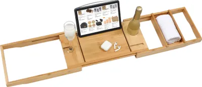 Produktbild von Van Henry® Bambus Badewannenablage Badewannenbrett ausziehbar und rutschfest inkl. Getränkehalter, Buchstütze und Ablage 75-105 x 23 cm