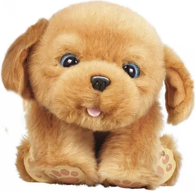 A plush toy puppy sitting and looking forward with its tongue sticking out.