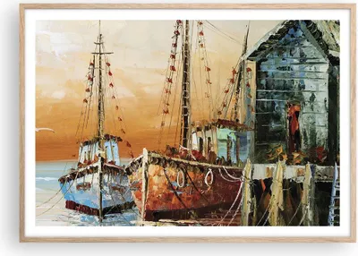 Produktbild von Gerahmtes Poster - Rahmen in heller Eiche - Kutter Hafen Öl - 100x70 cm - Wand Bild - Wanddeko - Wandbilder - Wandposter - Bilderrahmen - Bilder - Kunstdruck - Wandbild - P2NAA100x70-4216