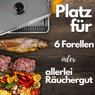 Produktbild von Eversmoke Räucherset S Tischräucherofen Starter-Bundle für Fleisch, Fisch, Geflügel, Gemüse, Käse – mobil & schnell montiert – inkl. Räucherblitz, 2 Gitterrosten, 2 Spiritus-Brennern, 500g Eversmoke Premium Räuchermehl \"Extra Fein 0.2-1.25mm\" und 150g Räuchergewürz