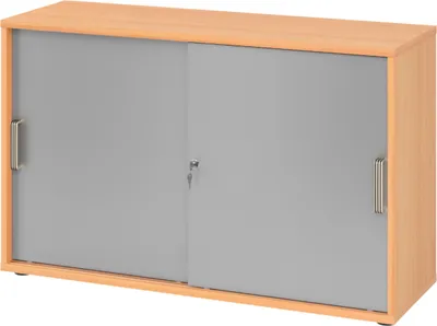 Produktbild von bümö Schiebetürenschrank office - 2 Ordnerhöhen - Griff: Streifengriff (Kunststoff), Nachbildung: Buche/Silber