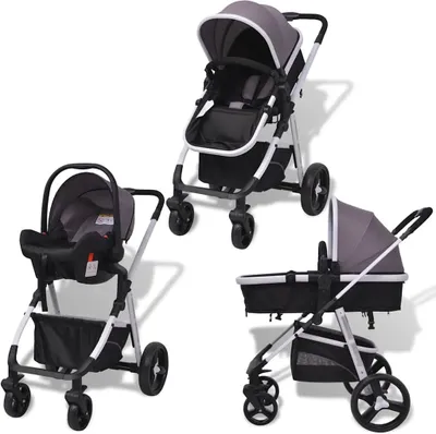 Produktbild von vidaXL 3-in-1 Kinderwagen Aluminium Grau und Schwarz