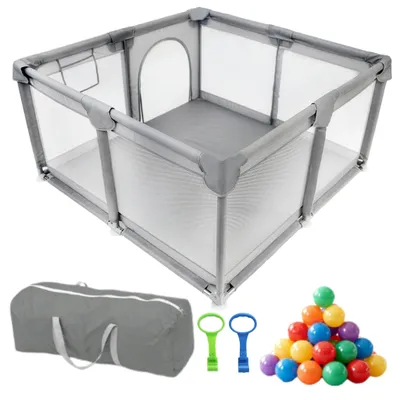 Zdjęcie produktu dla Kojec dla dziecka 126x126 cm suchy basen plac zabaw szary + piłki + torba
