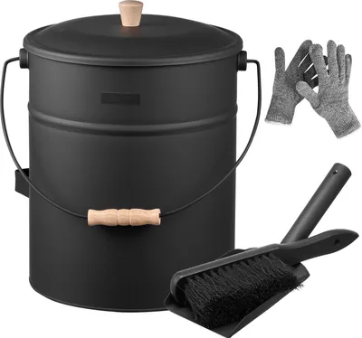 Produktbild von Ascheeimer/Kohleeimer mit Deckel - Set, 4-teilig - Metall, 15 L Fassungsvermögen - Inklusive Schaufel, Besen und Handschuhen - Für Kamin, Feuerstelle und Holzofen