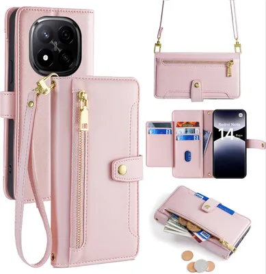 Produktbild von Handykette Xiaomi Redmi Note 14 Pro+ Hülle mit Band Handyhülle Kartenfächer Kunstleder Umhängetasche in Rosa