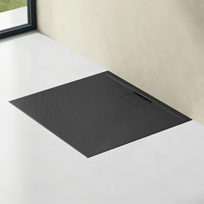 Image de doporro Receveur de Douche Bac à Douche Ultra Plat en Solid Surface Gris Noir Mat Geoma07 100x120x3 cm avec Bonde AL06