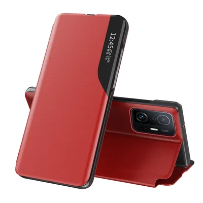 Obrázek produktu pro Flipové pouzdro pro Xiaomi Mi 11T / Mi 11T Pro,Polyuretankůže pouzdro s okénkem a funkcí stojánku červené