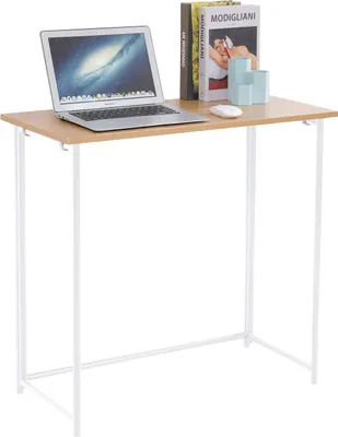A compact, foldable desk with a laptop, books, and desk accessories.