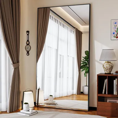 Produktbild von Ganzkörperspiegel 89 x 198 cm Schwarz Aluminium mit Ständer zum Anlehnen oder Aufhängen Sicherheitsglas