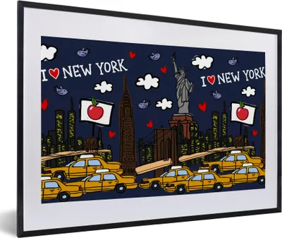 Produktbild von MuchoWow® MuchoWow® Gerahmtes Poster New York - Taxi - Freiheitsstatue 60x40 cm - Poster mit zchwarzem Bilderrahmen - Schlafzimmer - Plakat in Rahmen - Drucken