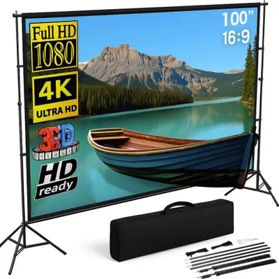 Obrázek produktu pro 100" projekční plátno se stativem, Linomag®, přední/zadní projekce, formát 16:9, 4K HD, široký úhel 160°, ideální pro interiér i exteriér, skládací, rychlé nastavení, brašna je součástí balení, bílá barva