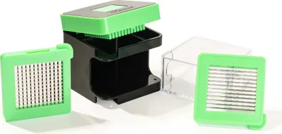 A kitchen gadget for chopping vegetables, shown with interchangeable blades and a collection container.