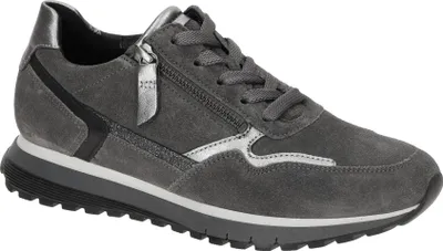 A single gray sneaker with silver accents is shown against a white background.