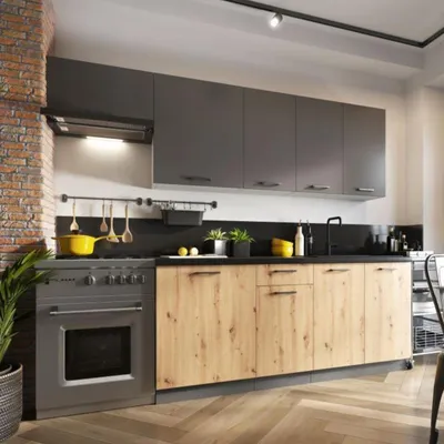 Obrázek produktu pro Kuchyňská linka 240 cm - Dub Artisan a grafit - s černou pracovní deskou - MDF čela - 7 skříněk - Moderní sestava nábytku - CLARA