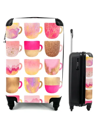 Produktbild von MuchoWow® Koffer Handgepäck Trolley Rollkoffer Kleine Reisekoffer mit 4 Rollen - Design - Kaffeetasse - Rosa - Muster - Cabin Size < 55x40x23 cm & 55x40x20 cm - Fotokoffer - Kabinenkoffer - Boardgepäck - Reise-Box - Reisekoffer - Reisegepäck - Koffer mit Bild - Trolley für Kinder