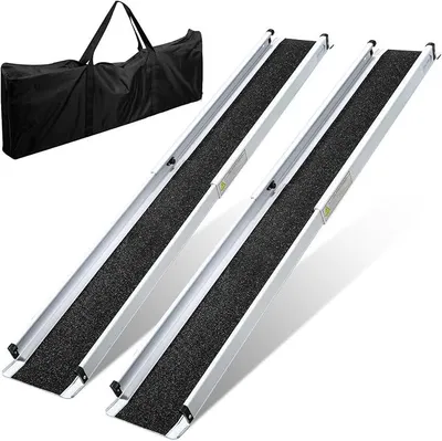 Produktbild von 2 x 105-183 cm Rollstuhlrampe,Aluminium Auffahrrampe,Rampe Rollstuhl bis 300 kg,Rollstuhlrampe Klappbar mit Textiltasche,Teleskoprampe,Treppenrampe für Rollstuhl