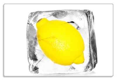 Produktbild von Wallario Frühstücksbrettchen aus Glas 20 x 30 cm mit rutschfesten Füßen, Motiv Zitrone in Eiswürfel - Eiskaltes Obst