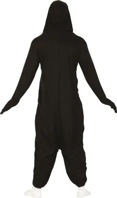 A person wearing a black hooded onesie, viewed from the back.