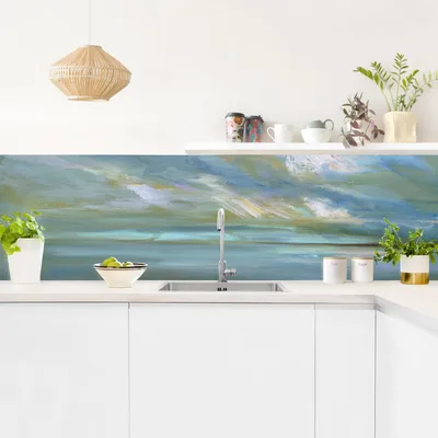 Produktbild von Küchenrückwand Strand selbstklebend - 0.35 mm Wandpaneel wasserfest Design blau Abstrakt Spritzschutz fugenlos