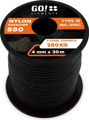 Produktbild von GO!elements 30m Paracord Seil aus reißfester Nylonschnur - 4mm Paracord 550 Typ III Schnur - geeignet als Allzweckseil & Reepschnur - Max. 250kg, Farbe: Schwarz