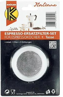 The image shows the retail packaging for an espresso maker filter set.