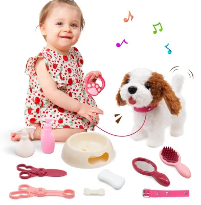 Produktbild von Roboterhund aus Plüsch – Geht, bellt und spricht – Dunkelbraun – Mit Halsband und Schwanz