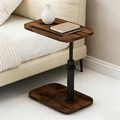 Immagine prodotto di Tavolino laterale a forma di C, con altezza regolabile, rotazione a 360° e bordo rialzato, finitura in legno