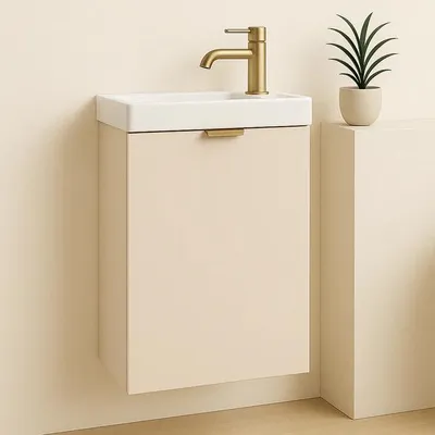 A wall-mounted bathroom vanity with a sink and faucet.