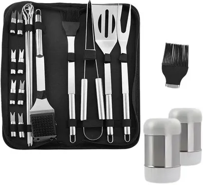 Image de Ensemble de barbecue Unyqoos® de 28 pièces, comprenant des accessoires en acier inoxydable et des gants résistants à la chaleur (jusqu'à 800 °C) – Ensemble complet pour griller, rôtir et cuisiner