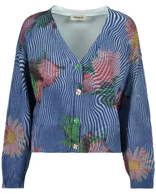 Produktbild von Blaue Strickjacke Damen mit Muster - Langarm-Cardigan V-Ausschnitt