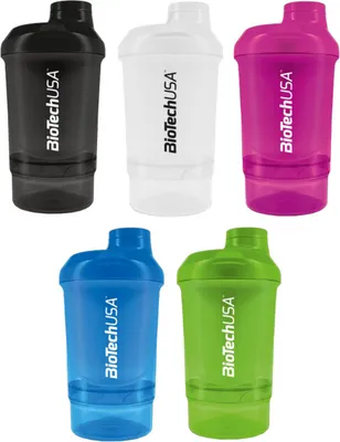 A collection of five colorful shaker bottles arranged in two rows.