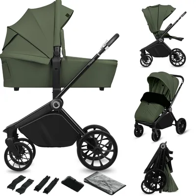 A collage of images showing a green and black baby stroller in various configurations and with accessories.