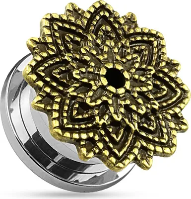 Produktbild von viva-adorno 1 Stück 12mm Flesh Plug Tunnel Chirurgenstahl Lotusblume Vintage Antik Gold Schraubverschluss Größe 5 - 16mm Z487.D5