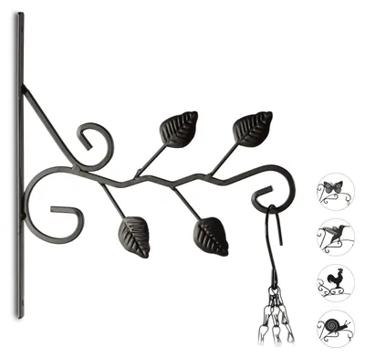 Produktbild von Blumenhaken mit Blattmotiv, Wandhalterung, Pflanze, Hängeampel, Garten, HxBxT: 30,5 x 28 x 2 cm, schwarz