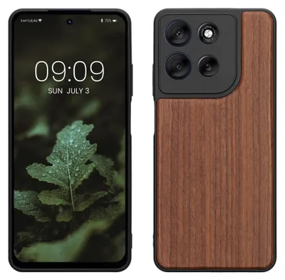 Produktbild von kwmobile Handyhülle für Motorola Moto G56 5G Hülle Holz - Case mit TPU Bumper - Stoßfestes Hardcase - Schutzhülle Cover in Dunkelbraun