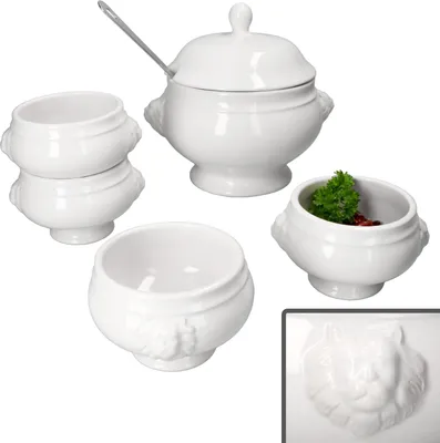 Produktbild von 5tlg Set LEO Löwenkopf-Terrine mit & ohne Deckel 2L 0,45L weiß Suppen-Schale