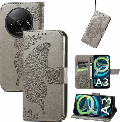 Produktbild von Für Xiaomi Redmi A3 Kunstleder Wallet Handy Tasche Schmetterling Design Hülle Etuis Grau